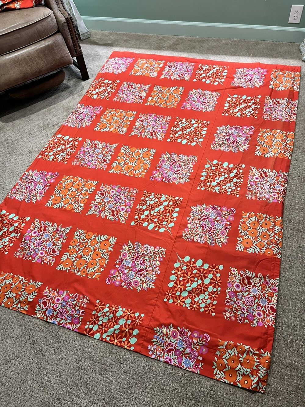 Qty2 Lined Curtain Panels Kaffe Fassett Field Bouquet Red Orange Floral Dopamine